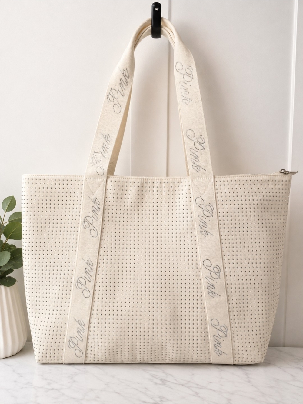 PINK Victoria's Secret Cream Canvas Bedazzled Tote with Logo Straps